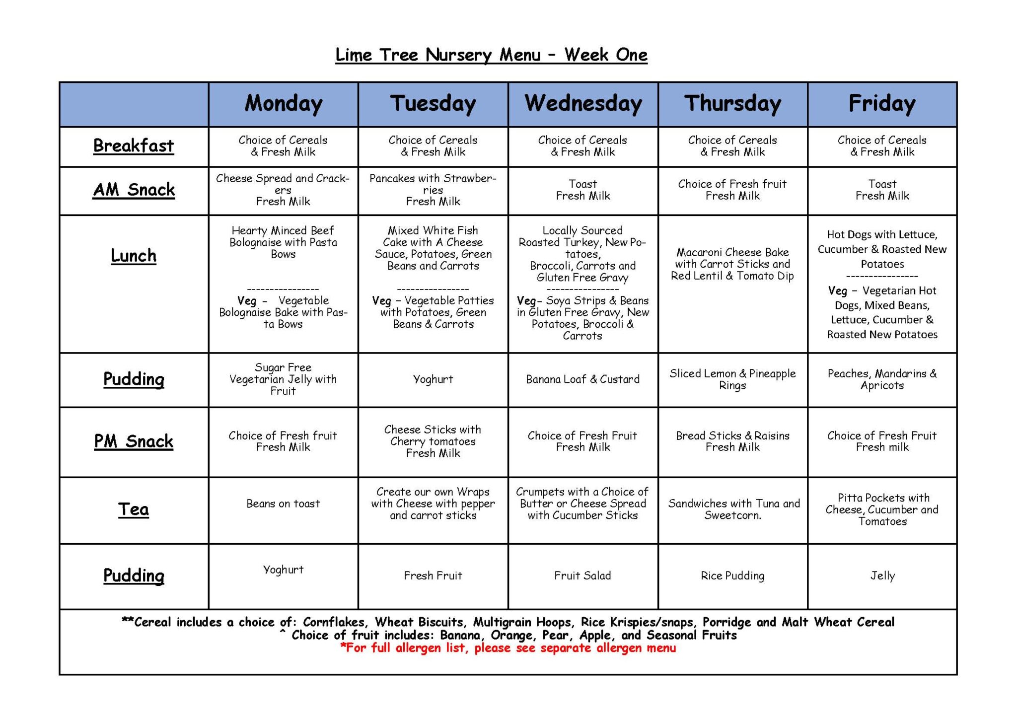 Our Nursery Menu